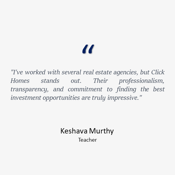 A testimonial by Santhosh B, a Business Owner and first-time homebuyer, expressing gratitude to Click Homes for making the process easy and stress-free, resulting in a happy homeownership."